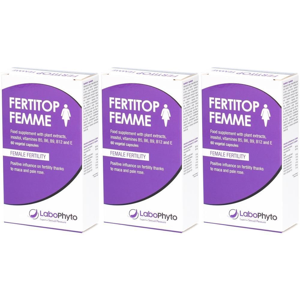 Drei Packungen FERTITOP FEMME Nahrungsergänzungsmittel für weibliche Fruchtbarkeit, 60 Veggie-Kapseln pro Packung.