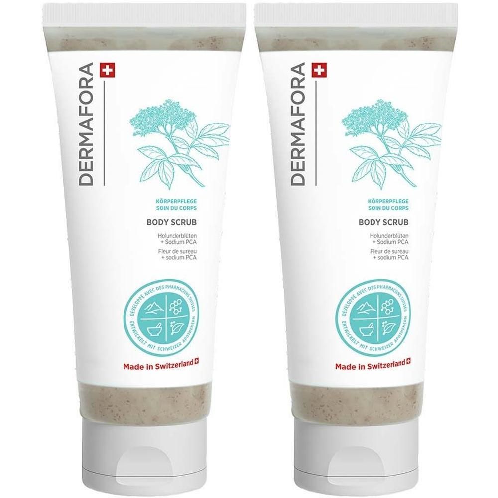 Zwei Tuben DERMFORA Body Scrub mit Holunderblüten-Extrakt. Hergestellt in der Schweiz.