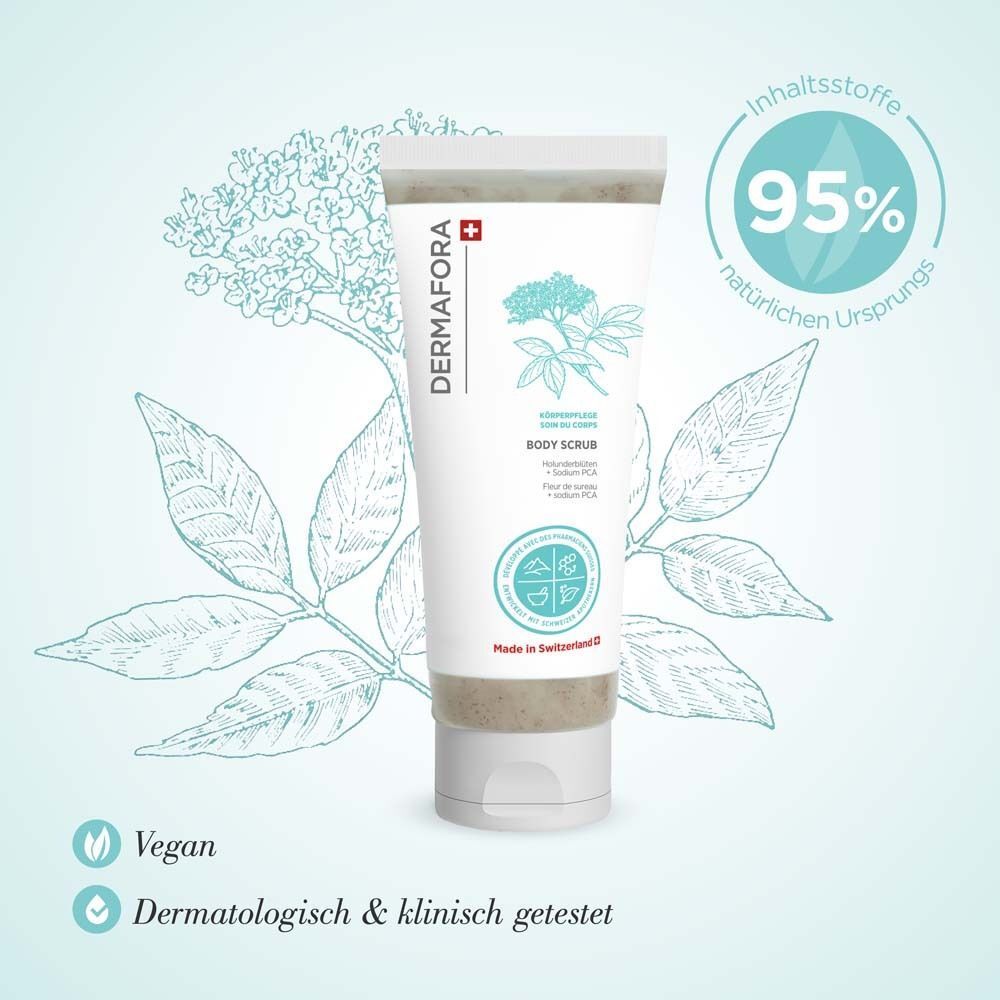 DERMFORA Body Scrub Tube mit Holunderblüten-Illustration. 95% natürliche Inhaltsstoffe. Vegan, dermatologisch getestet.