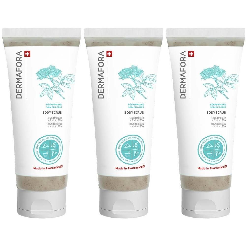 Drei Tuben DERMFORA Body Scrub mit Holunderblüten-Motiv. Hergestellt in der Schweiz.
