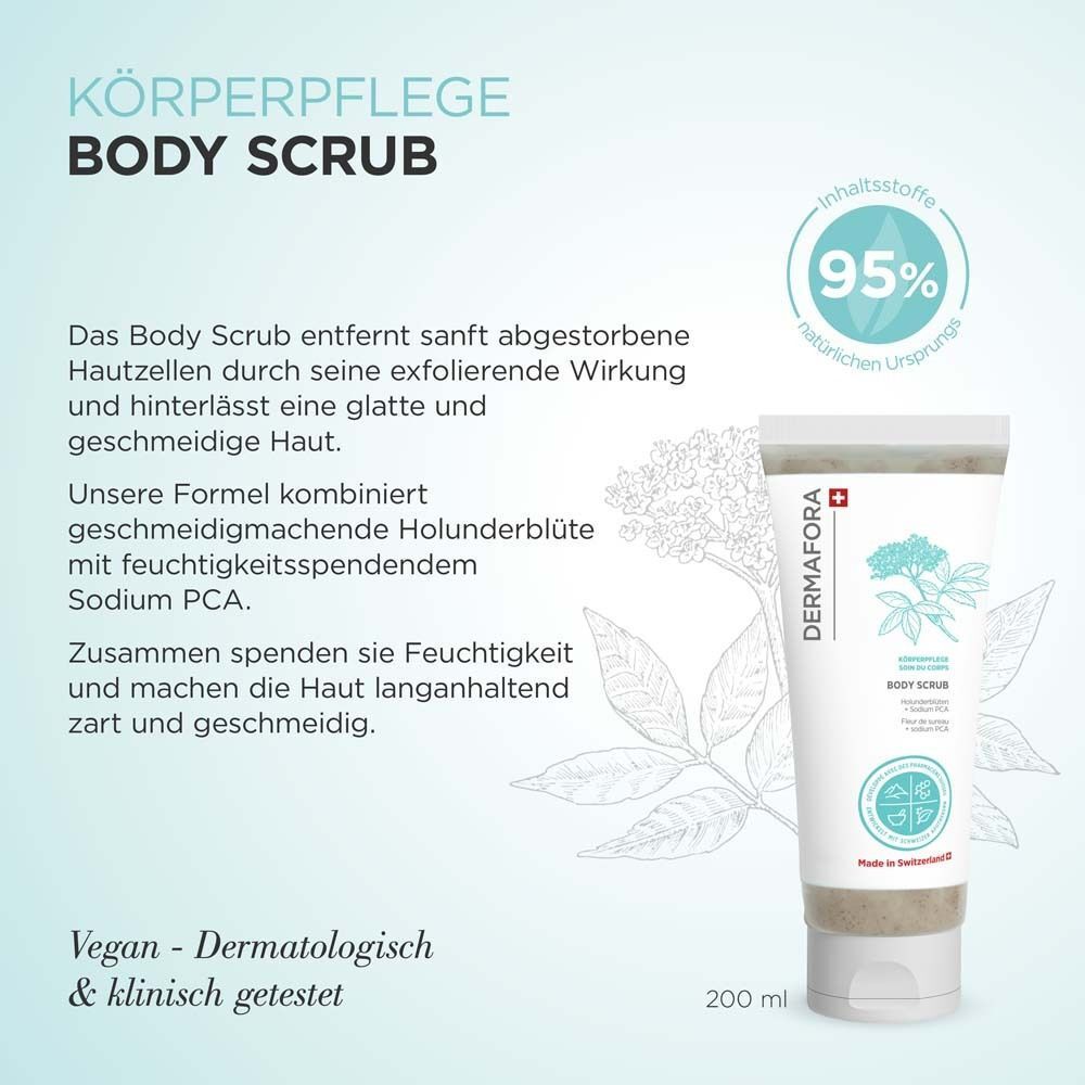 DERMFORA Body Scrub Tube mit Holunderblüten-Illustration. Text erklärt sanfte Exfoliation und Feuchtigkeit. 200 ml.