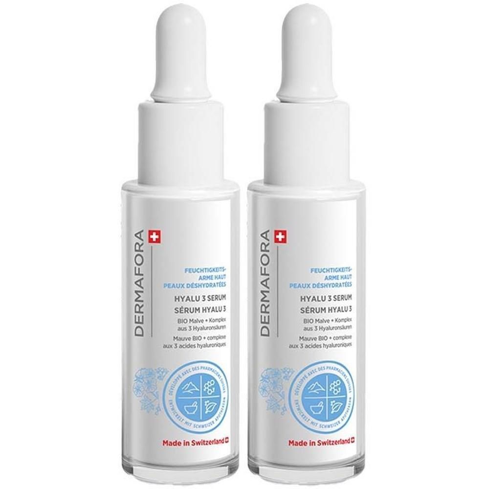 Zwei Flaschen DERMAFORA Hyalu 3 Serum mit Pipettenverschluss.