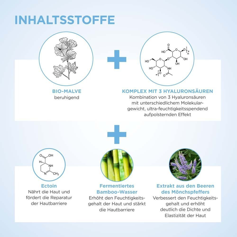 Grafische Darstellung der Inhaltsstoffe: Bio-Malve, Komplex mit 3 Hyaluronsäuren, Ectoin, fermentiertes Bambus-Wasser, Mönchspfeffer-Extrakt.