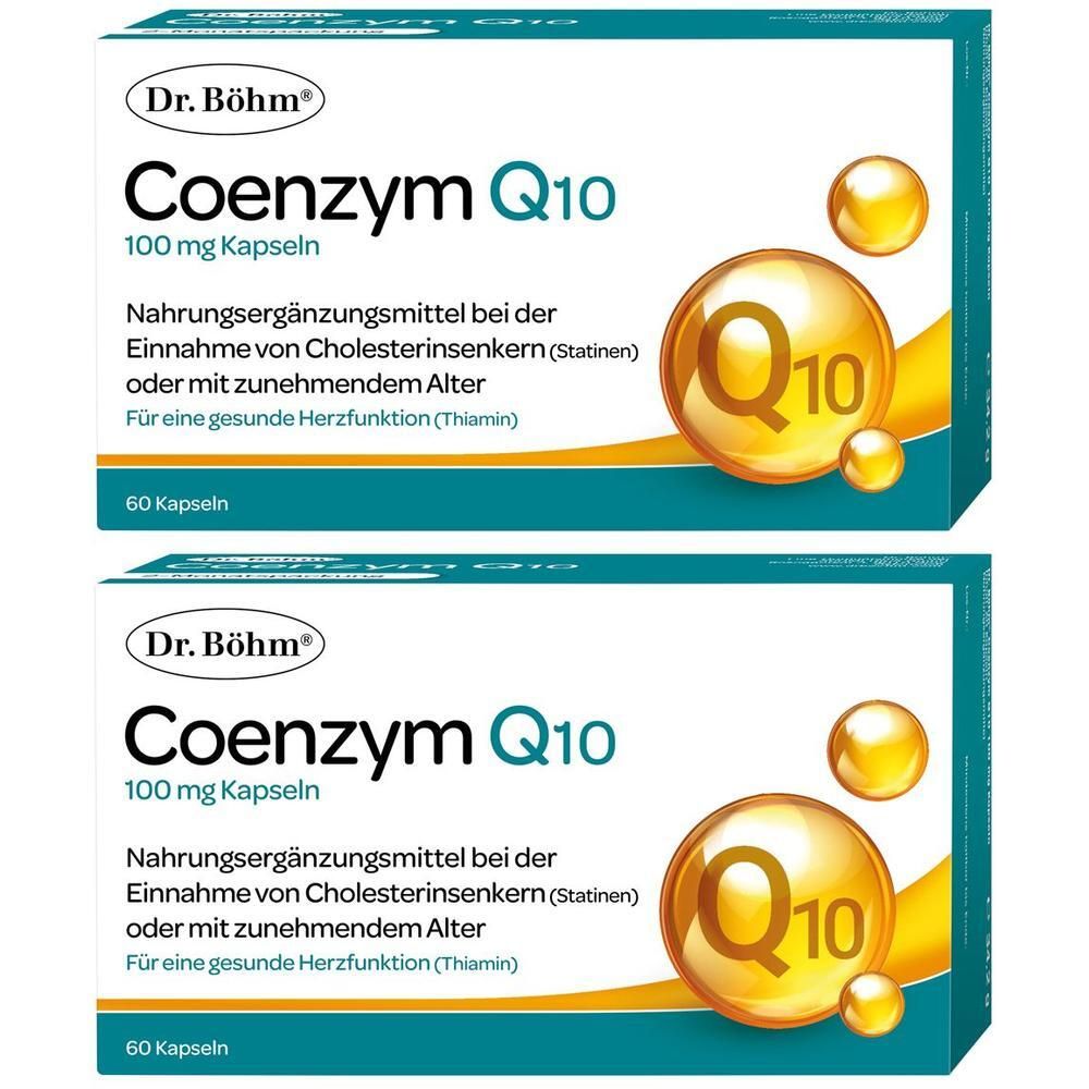 Zwei Packungen Dr. Böhm Coenzym Q10 100 mg Kapseln, Nahrungsergänzungsmittel für Herzfunktion und Energiestoffwechsel.