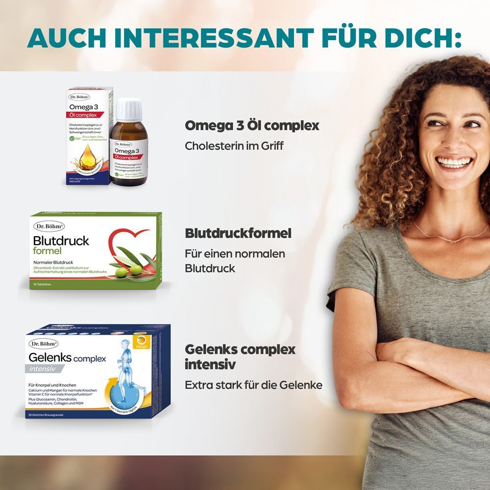 Frau lächelt neben Produktabbildungen: Omega 3 Öl, Blutdruckformel, Gelenks complex.