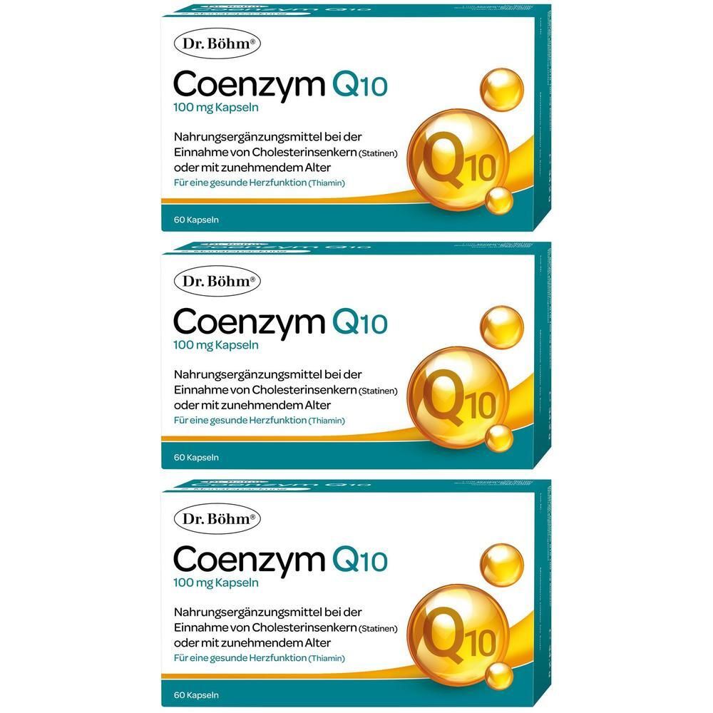 Drei Packungen Dr. Böhm Coenzym Q10 100 mg Kapseln mit Darstellungen von Q10-Molekülen.