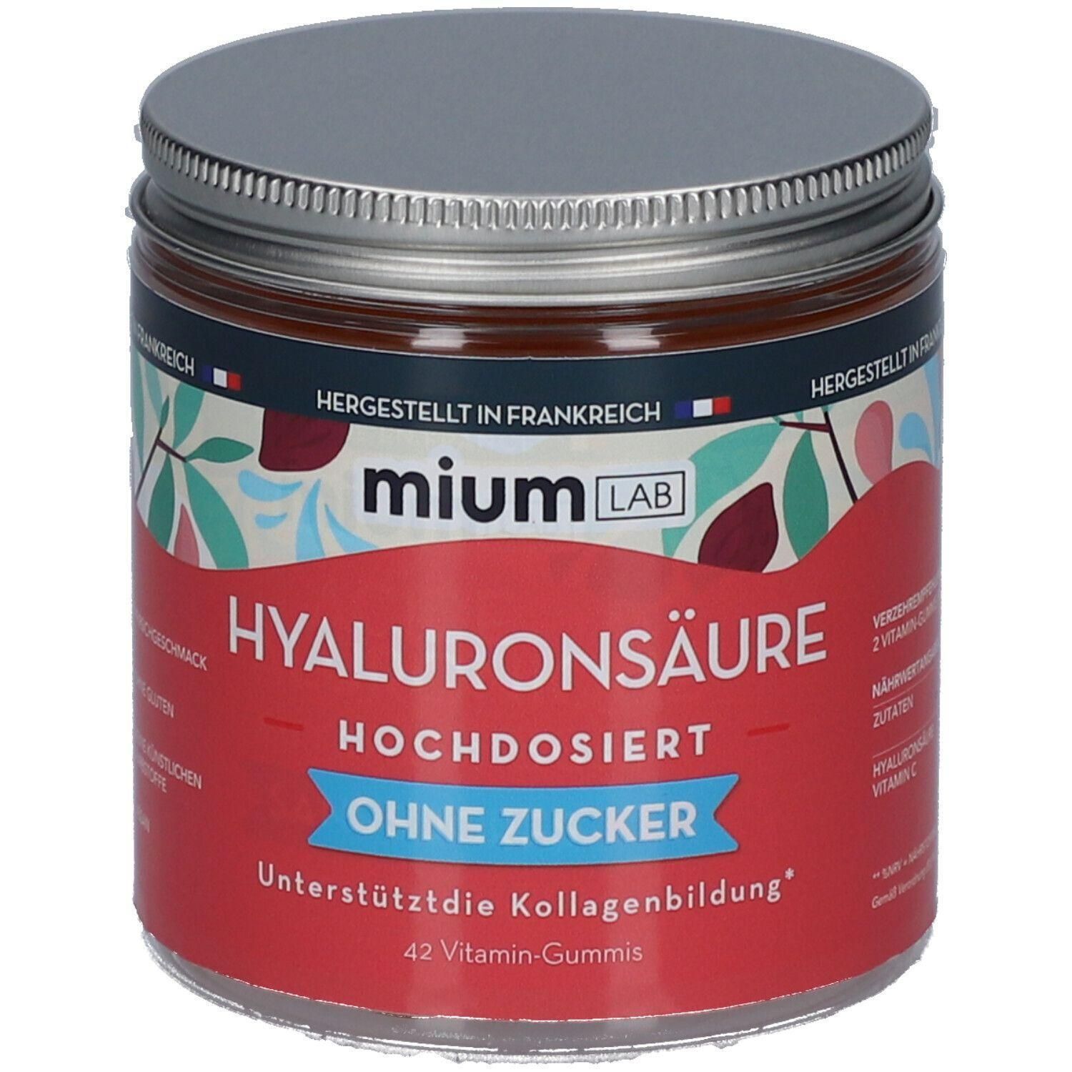 Mium Lab Hyaluronsäure hochdosiert ohne Zucker, 42 Vitamin-Gummis in einem Glasbehälter.
