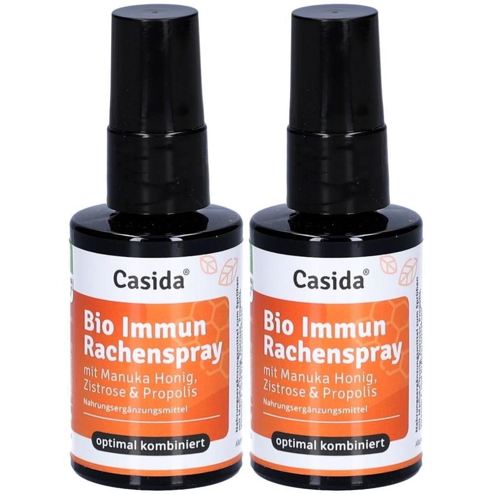 Zwei Flaschen Casida Bio Immun Rachenspray mit Manuka Honig, Zistrose & Propolis.