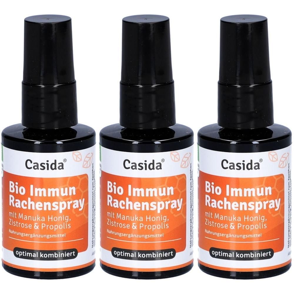 Drei Flaschen Casida Bio Immun Rachenspray mit Manuka Honig, Zistrose & Propolis. Braune Flaschen mit schwarzem Sprühkopf.