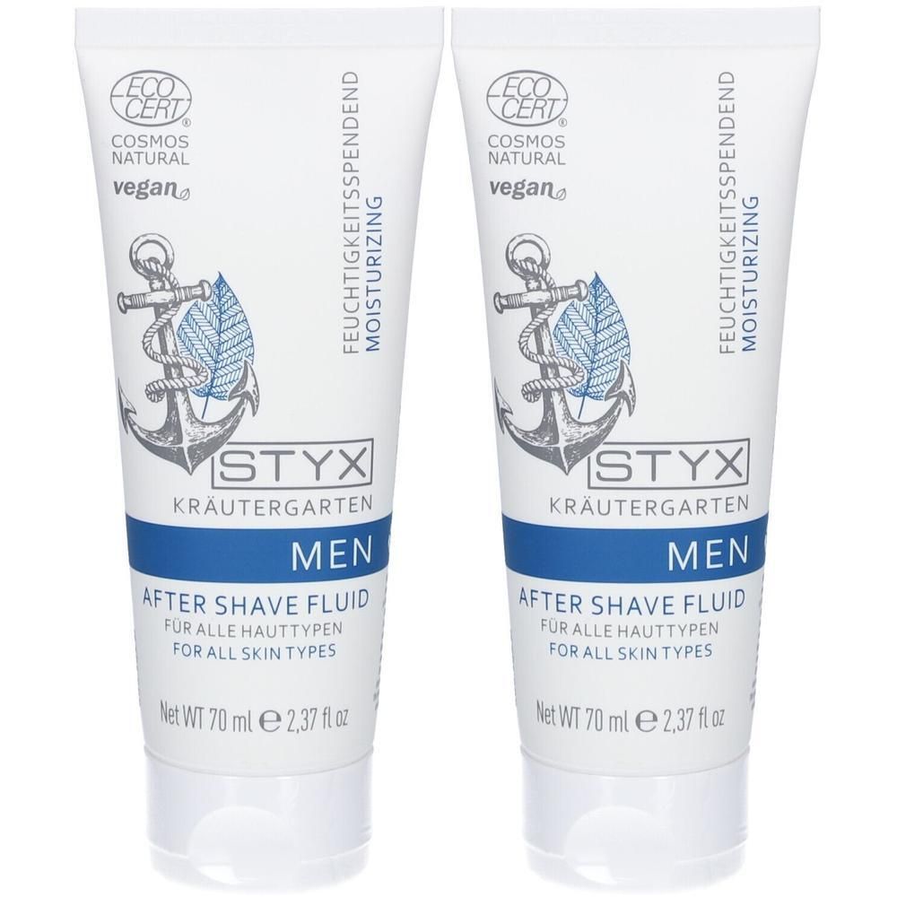 Zwei Tuben STYX Kräutergarten Men After Shave Fluid, 70 ml. Mit Anker- und Blattmotiv. ECO CERT und COSMOS NATURAL Siegel.