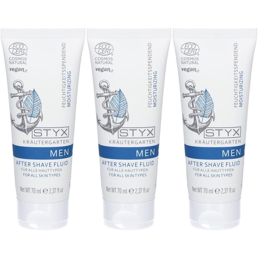 Drei Tuben STYX Kräutergarten MEN After Shave Fluid. Weiß mit blauer Banderole und Anker-Symbol.