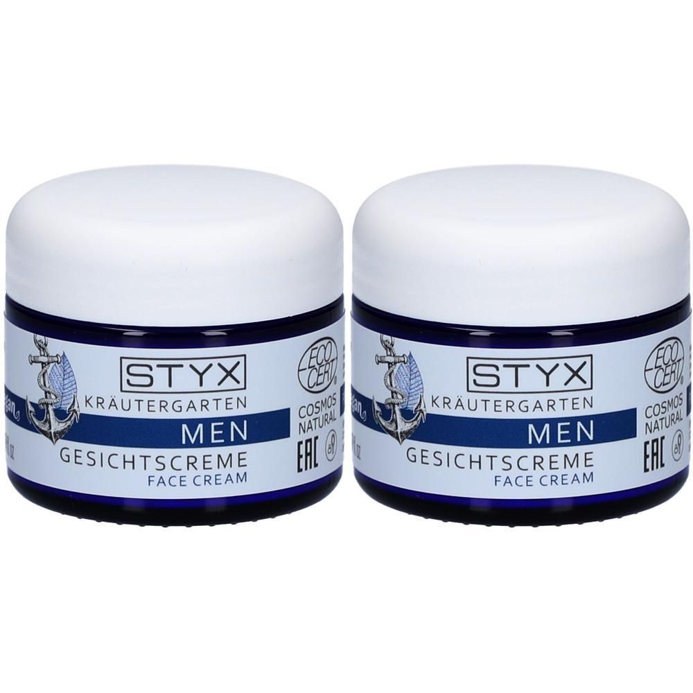 Zwei STYX Kräutergarten Men Gesichtscreme Tiegel mit weißen Deckeln und blauen Etiketten.