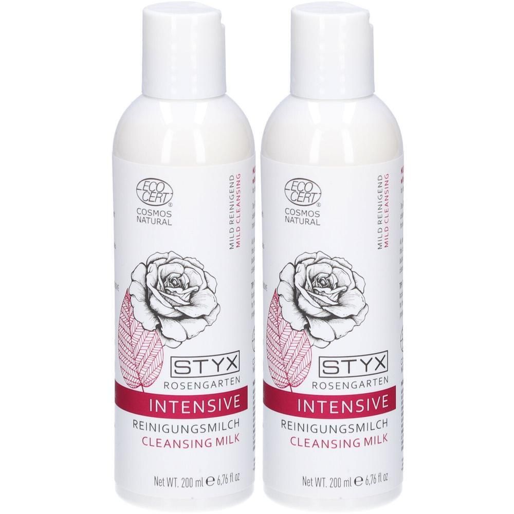 Zwei Flaschen STYX Rosengarten Intensive Reinigungsmilch, je 200 ml. Mit Rose und Blattmotiv, COSMOS NATURAL und ECO CERT Siegel.