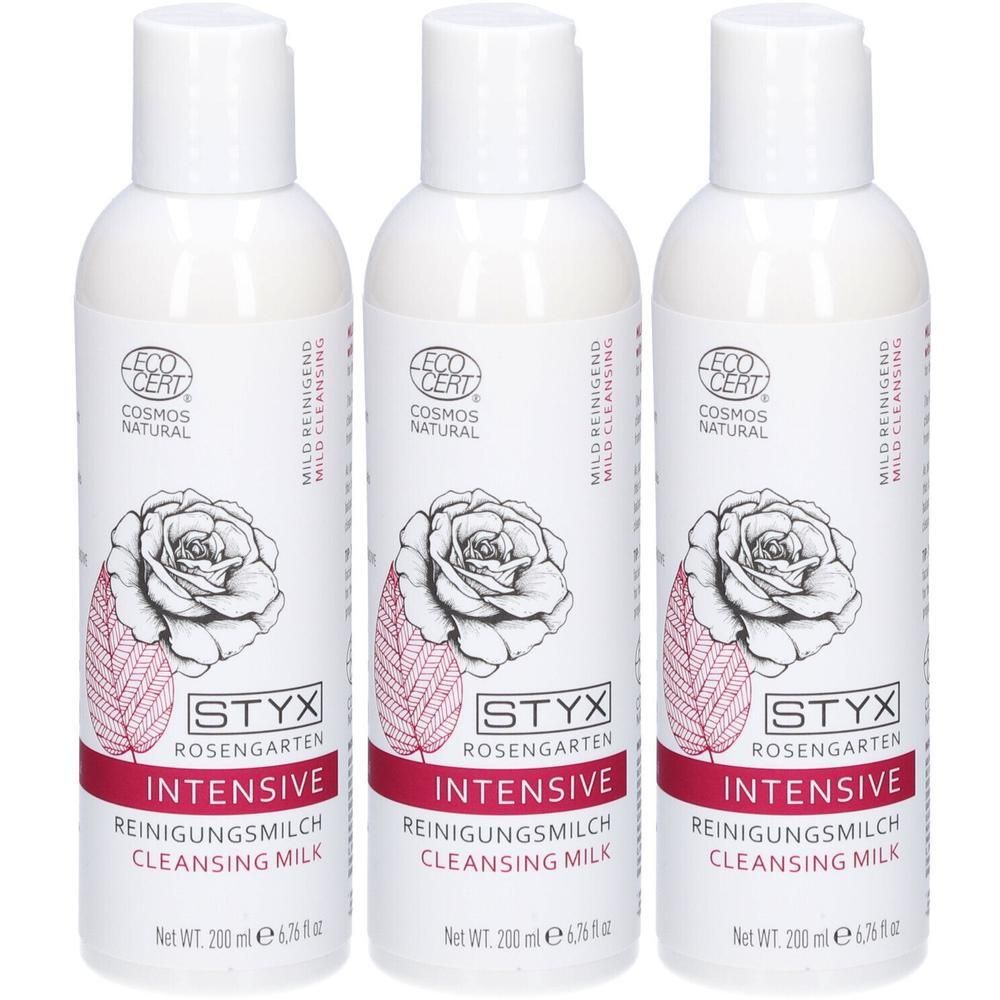 Drei Flaschen STYX Rosengarten Intensive Reinigungsmilch mit je 200 ml Inhalt. ECO CERT und COSMOS NATURAL Siegel.