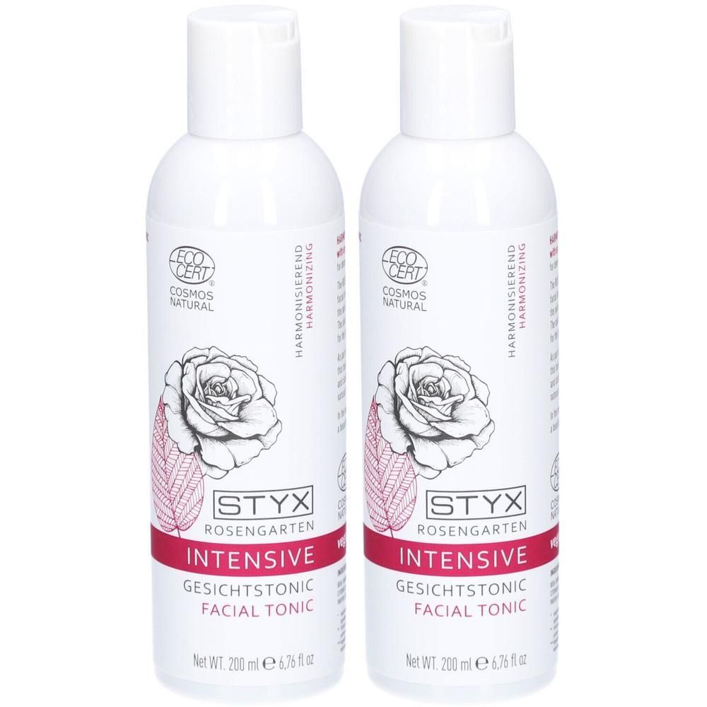 Zwei Flaschen STYX Rosengarten Intensive Gesichtstonic, je 200 ml. Mit Rose und Blattmotiv, COSMOS NATURAL Siegel.