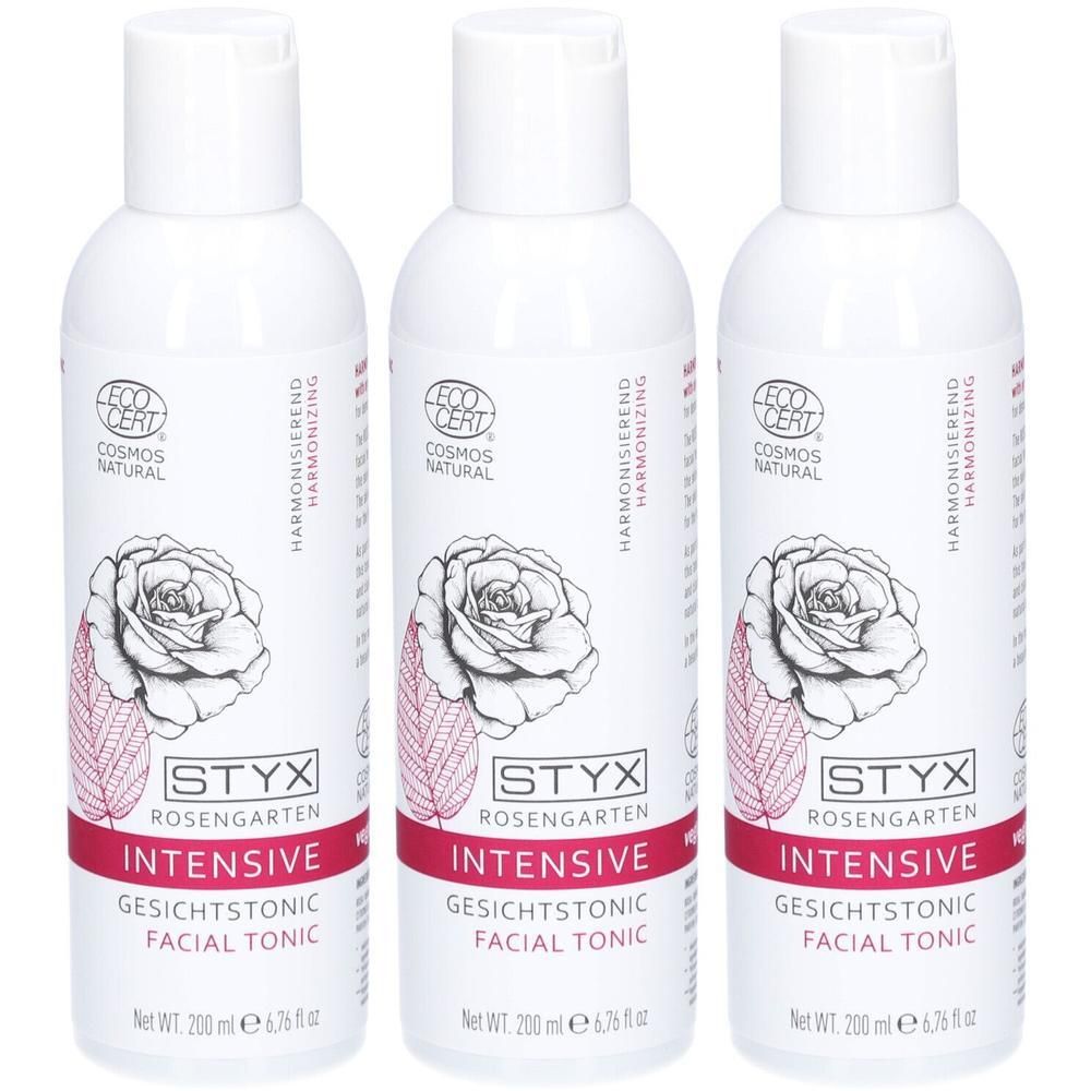 Drei Flaschen STYX Rosengarten Intensiv Gesichtstonic, je 200 ml. Mit Rose und Blattmotiv, COSMOS NATURAL Zertifizierung.