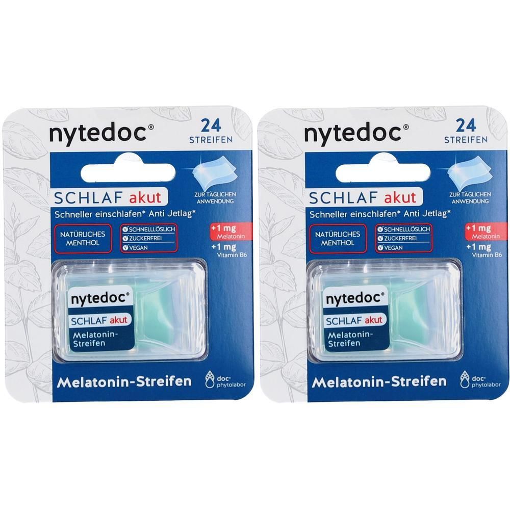 Zwei Packungen Nytedoc Schlaf Akut Melatonin-Streifen mit je 24 Streifen. Enthält 1mg Melatonin und Vitamin B6.