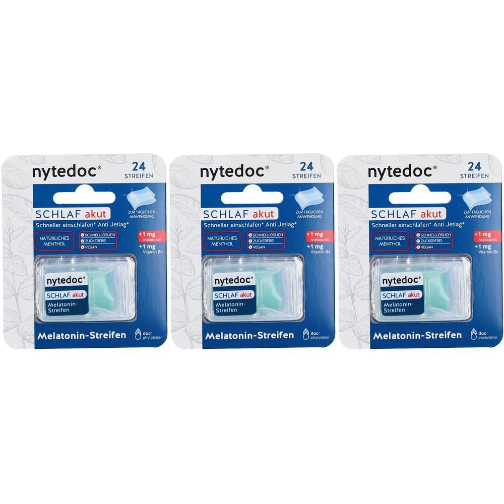 Drei Packungen Nytedoc Schlaf Melatonin-Streifen mit je 24 Streifen. Natürliches Menthol.