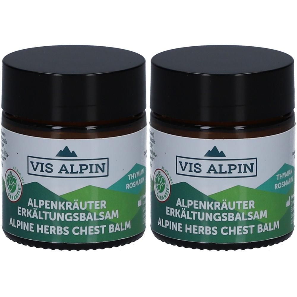 Zwei Gläser VIS ALPIN Alpenkräuter Erkältungsbalsam. Braune Gläser mit schwarzen Deckeln und Etiketten mit Bergmotiv.