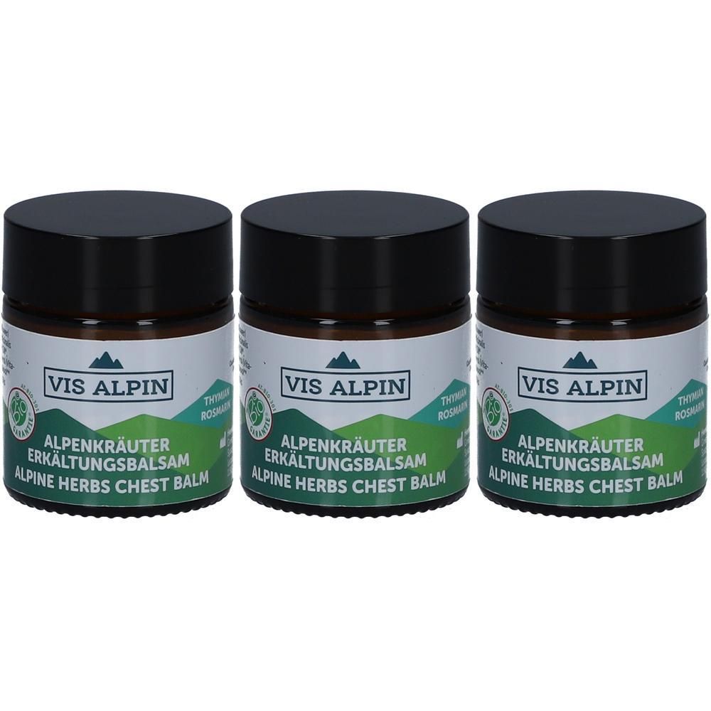 Drei Gläser VIS ALPIN Alpenkräuter Erkältungsbalsam mit schwarzen Deckeln.