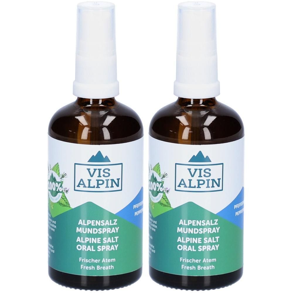 Zwei Flaschen VIS ALPIN Alpensalz Mundspray mit Pfefferminzgeschmack. Braune Glasflaschen mit weißem Sprühkopf.