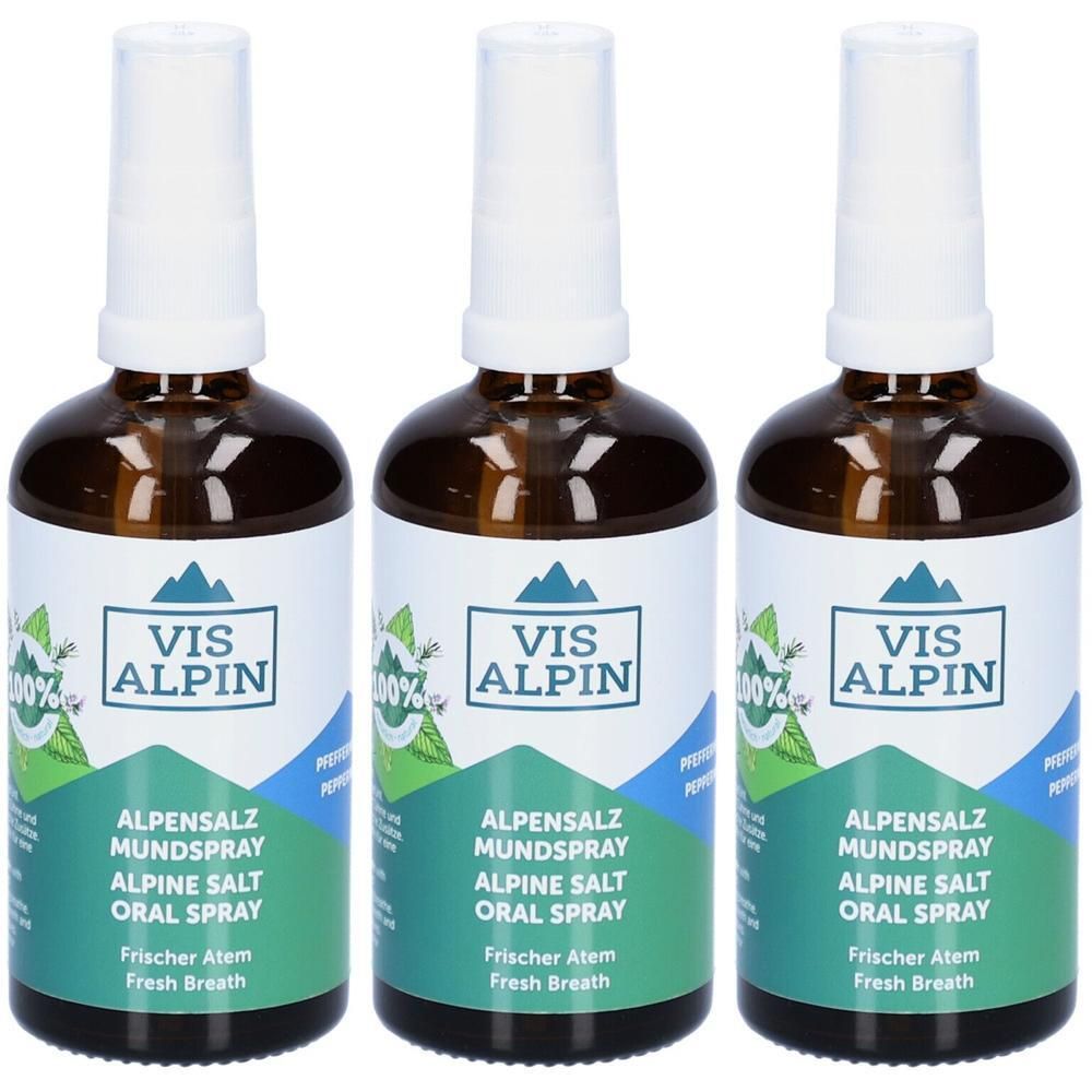 Drei Flaschen VIS ALPIN® Alpensalz Mundspray mit Pfefferminzgeschmack. Braune Glasflaschen mit weißem Sprühkopf.