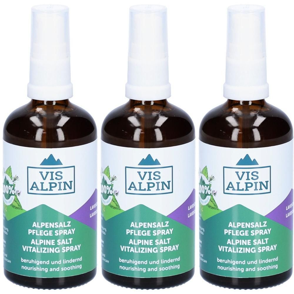 Drei Flaschen VIS ALPIN Alpensalz Pflege Spray mit Sprühkopf. Braune Glasflaschen mit weißem Etikett.