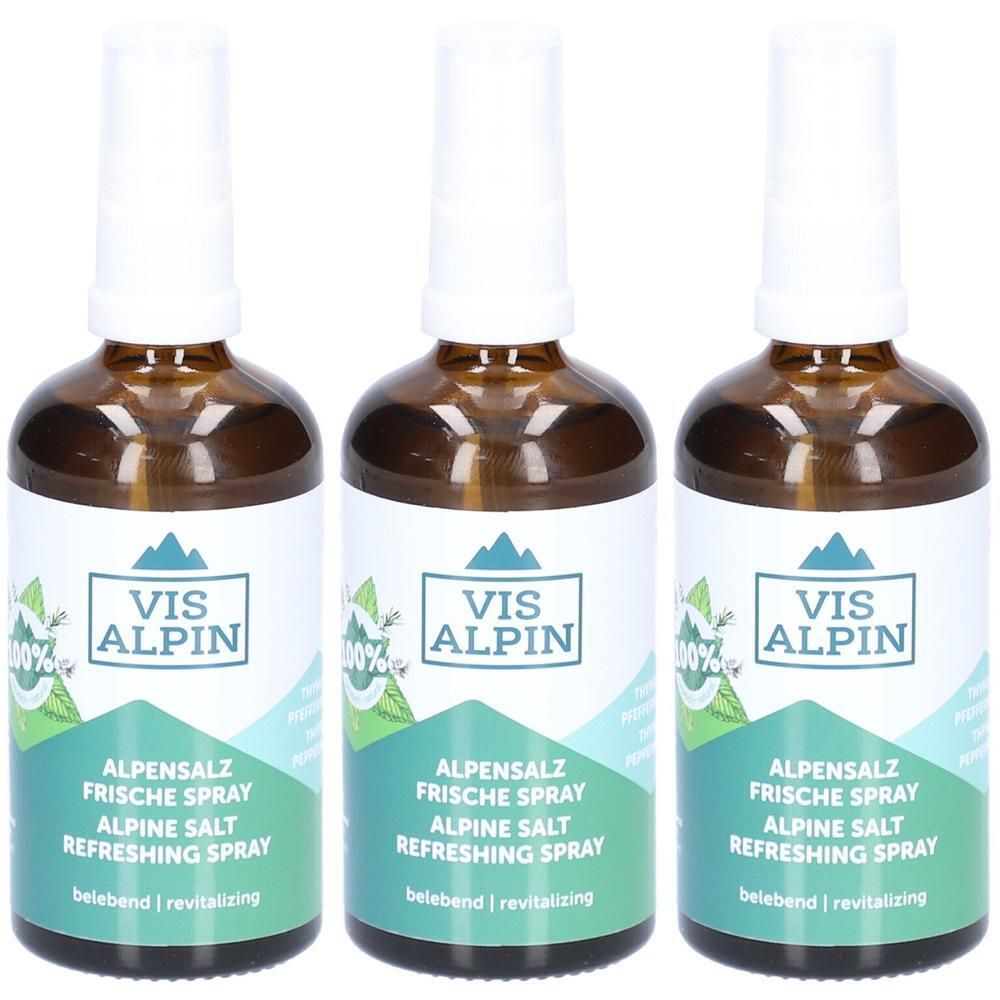 Drei braune Sprühflaschen mit weißem Etikett, das 'VIS ALPIN ALPINE Salt Refreshing Spray' zeigt.