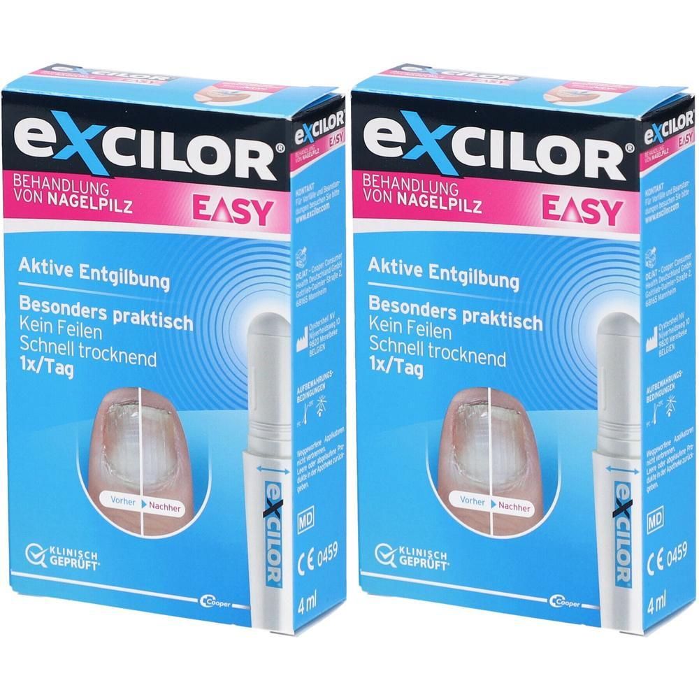 Zwei Packungen Excilor® Easy zur Nagelpilzbehandlung. Enthält je einen Stift mit 4ml Inhalt.