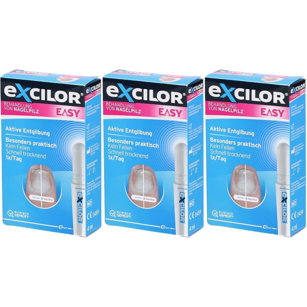 Drei Packungen Excilor® Easy zur Nagelpilzbehandlung. Enthält einen Applikatorstift.