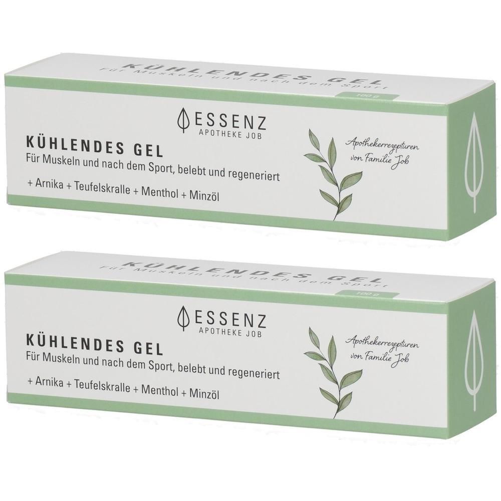 Zwei Packungen Kühlendes Gel von Essenz Apotheke Job mit Arnika, Teufelskralle, Menthol und Minzöl.