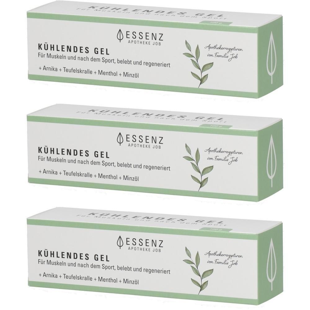 Drei Packungen Kühlendes Gel von Essenz Apotheke. Text: Für Muskeln und nach dem Sport.