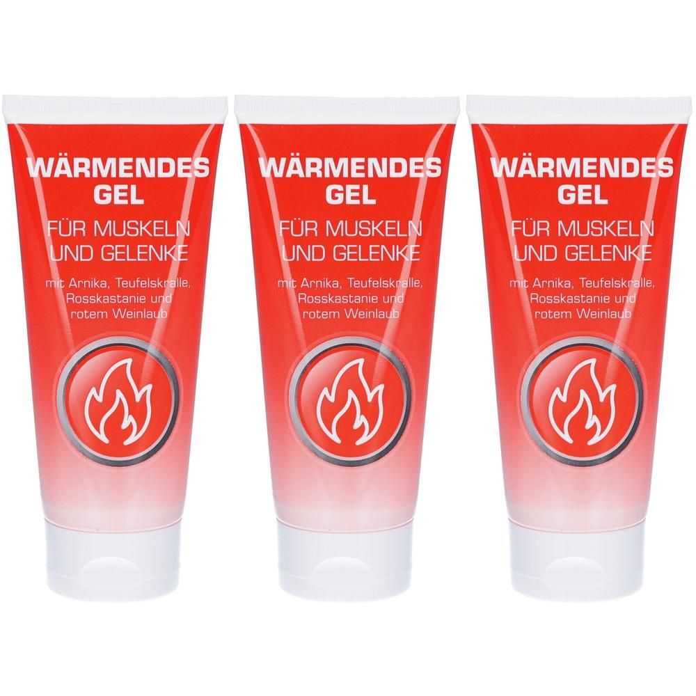 Drei Tuben wärmendes Gel für Muskeln und Gelenke mit Flammen-Symbol.