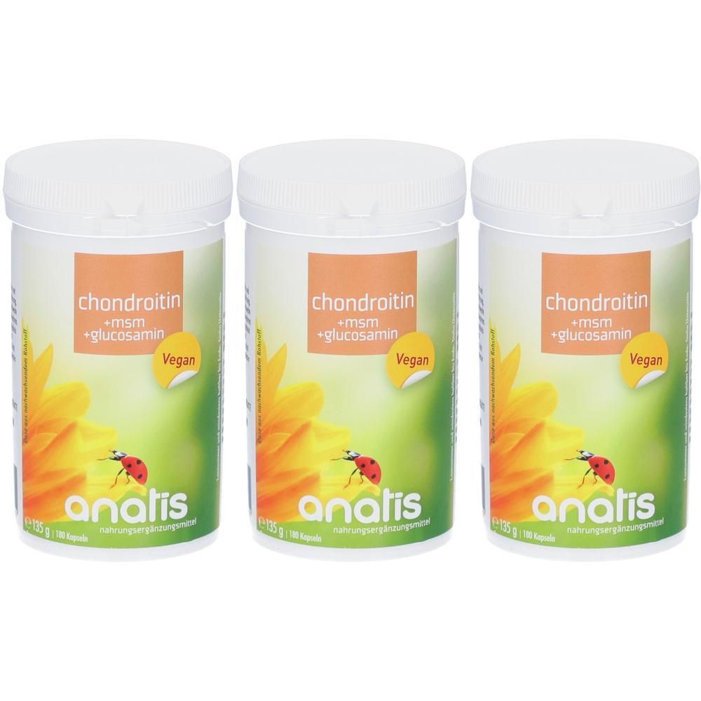 Drei Behälter Anatis Chondroitin + MSM + Glucosamin Vegan mit Blumen- und Marienkäfer-Motiv.