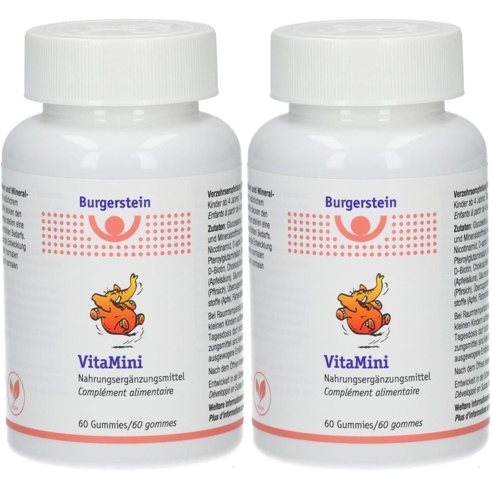 Zwei Flaschen Burgerstein VitaMini Nahrungsergänzungsmittel, jede mit 60 Gummis. Kindgerechtes Design mit Elefantenabbildung.