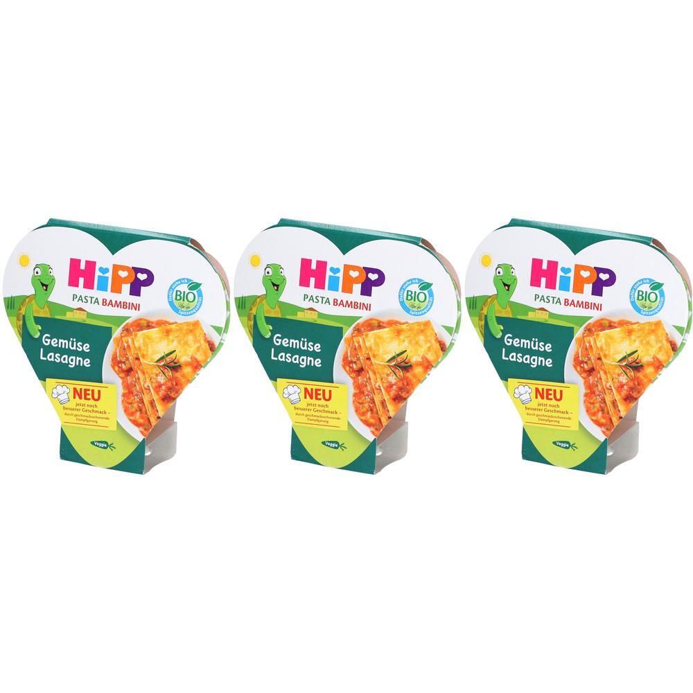 Drei Packungen HiPP Gemüse Lasagne für Babys. Jede Packung zeigt eine Lasagne-Portion und das HiPP-Logo.