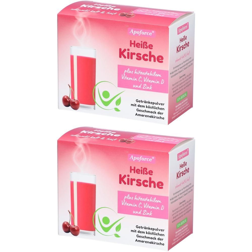 Zwei Packungen Apoforce Heiße Kirsche Getränkepulver mit Vitamin C, D und Zink. Kirschenabbildung.