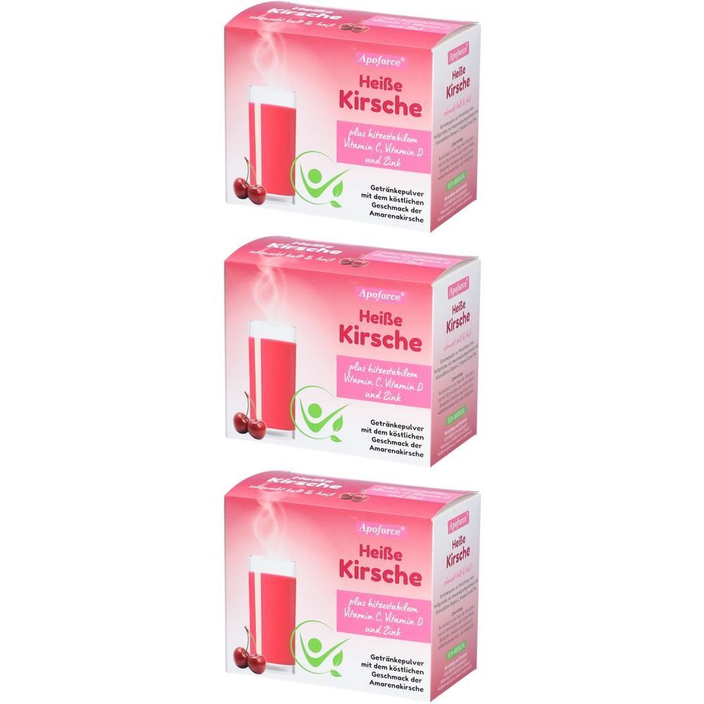 Drei Schachteln Apotheke Heisse Kirsche Getränkepulver mit Kirschgeschmack, Vitamin C, Vitamin B und Zink.