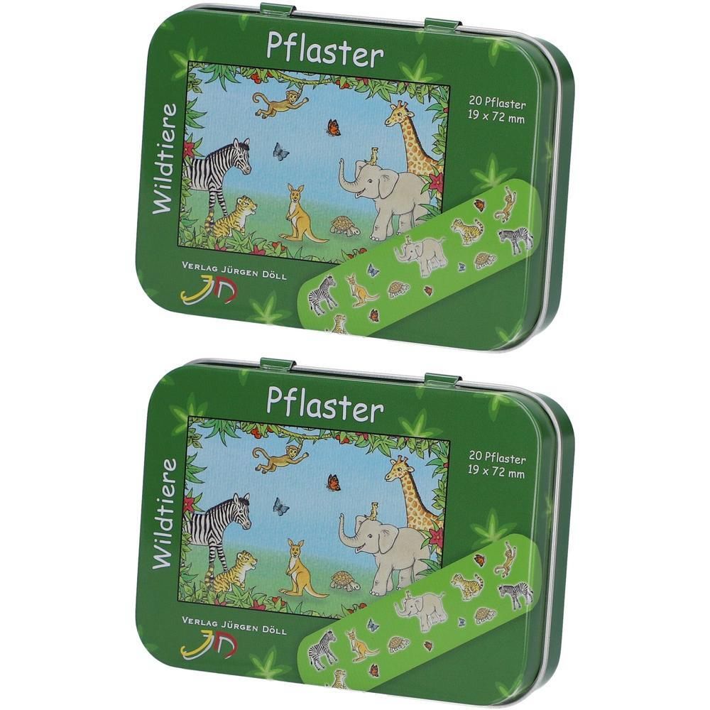 Zwei grüne Metalldosen mit Pflaster-Motiv "Wildtiere". Jede Dose enthält 20 Pflaster.