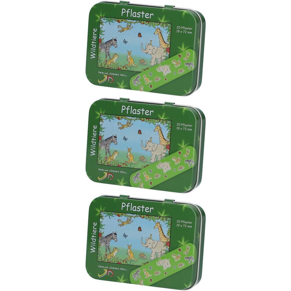 Drei grüne Metalldosen mit Pflaster-Motiv "Wildtiere". Jede Dose enthält 20 Pflaster (19 x 72 mm).