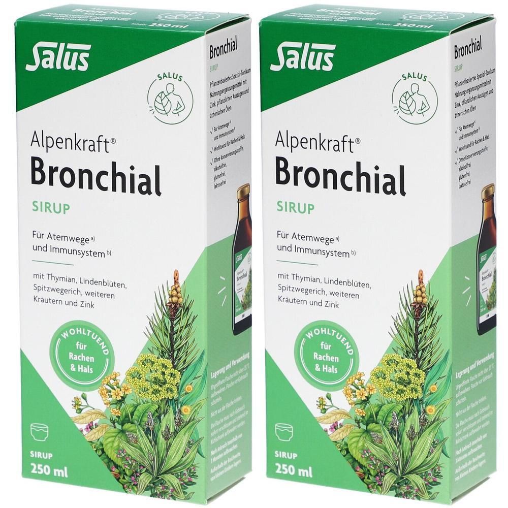 Zwei Packungen Salus Alpenkraft Bronchial Sirup. Grüne und weiße Kartons mit Kräuterabbildungen und Produktinformationen.
