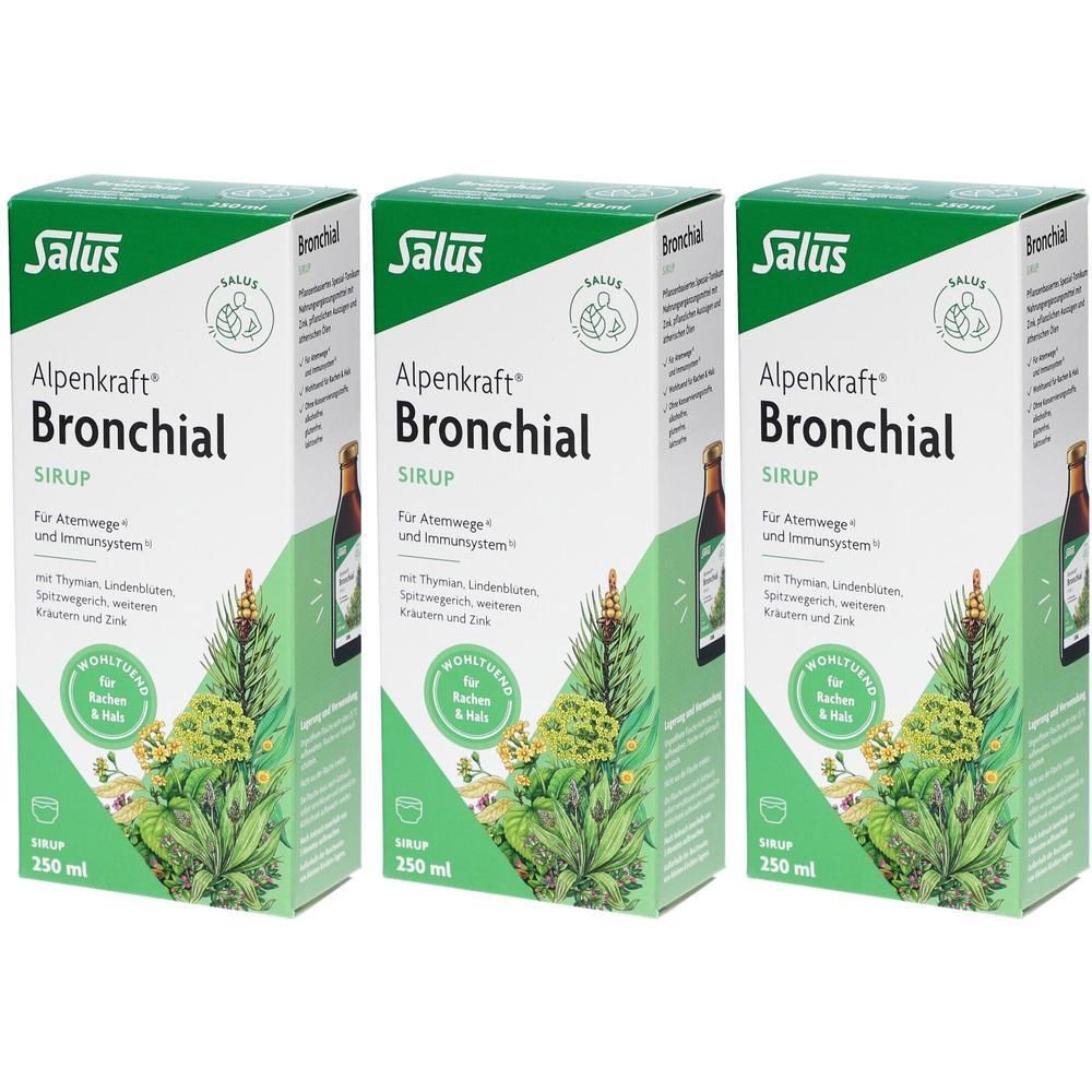 Drei Packungen Salus Alpenkraft Bronchial Sirup. Grüne Verpackung mit Kräutermotiv und Produktinformationen.
