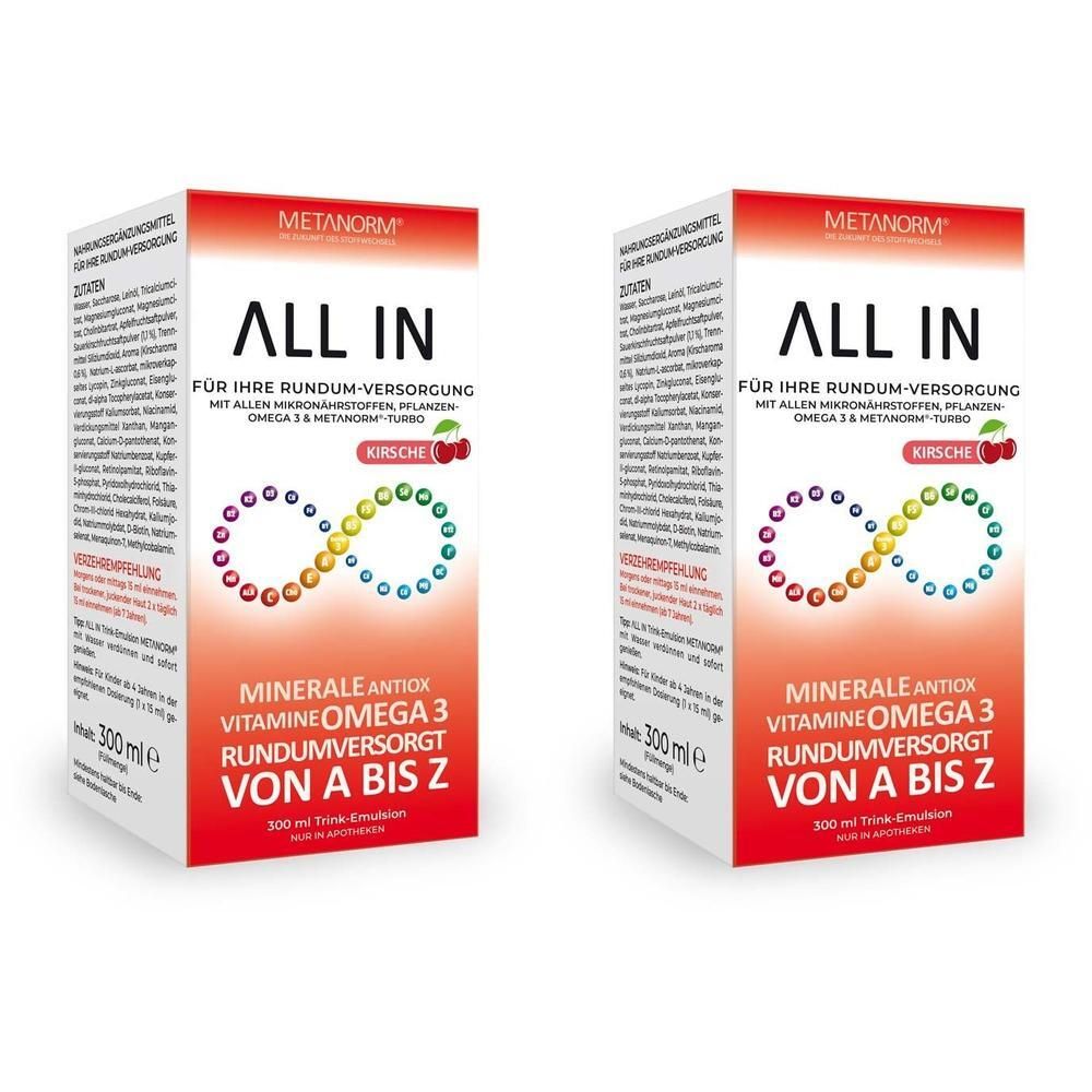 Zwei Packungen ALL IN Trink-Emulsion Kirsche. Mineralien, Antioxidantien, Vitamine, Omega 3. 300 ml pro Packung.