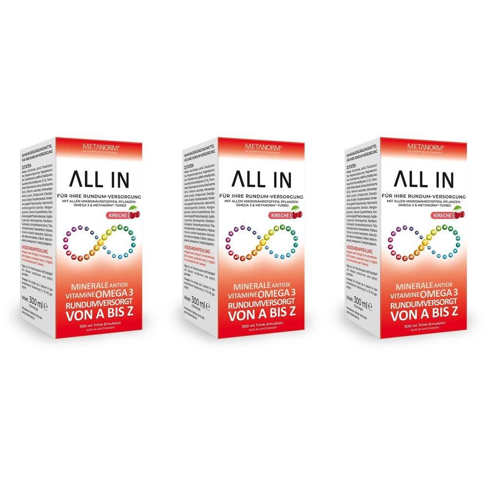 Drei Packungen ALL IN von METANORM, Mineralien, Omega 3, Vitamine. 300ml pro Packung.