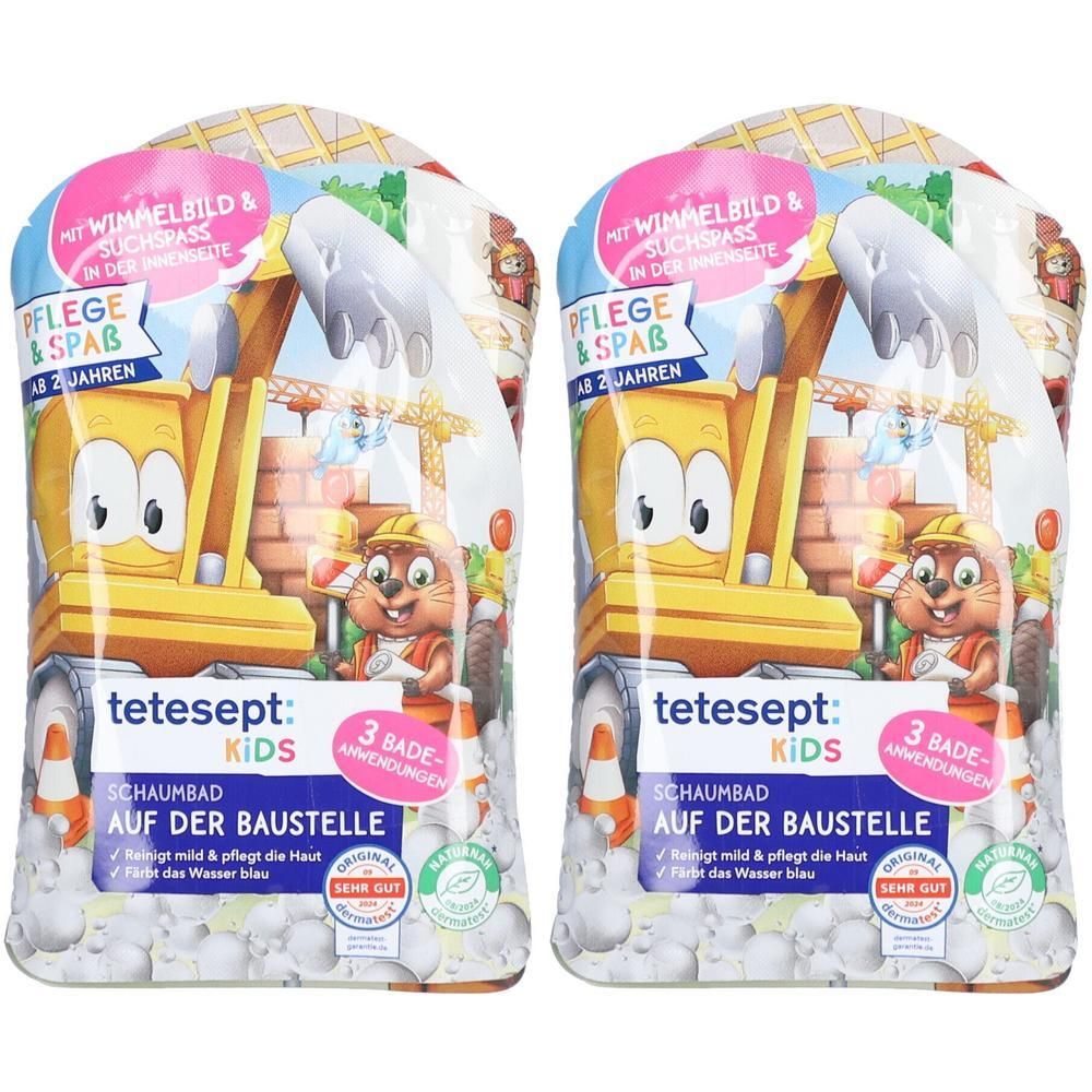 Zwei Packungen tetesept® Kids Schaumbad Auf der Baustelle mit Bagger-Motiv.