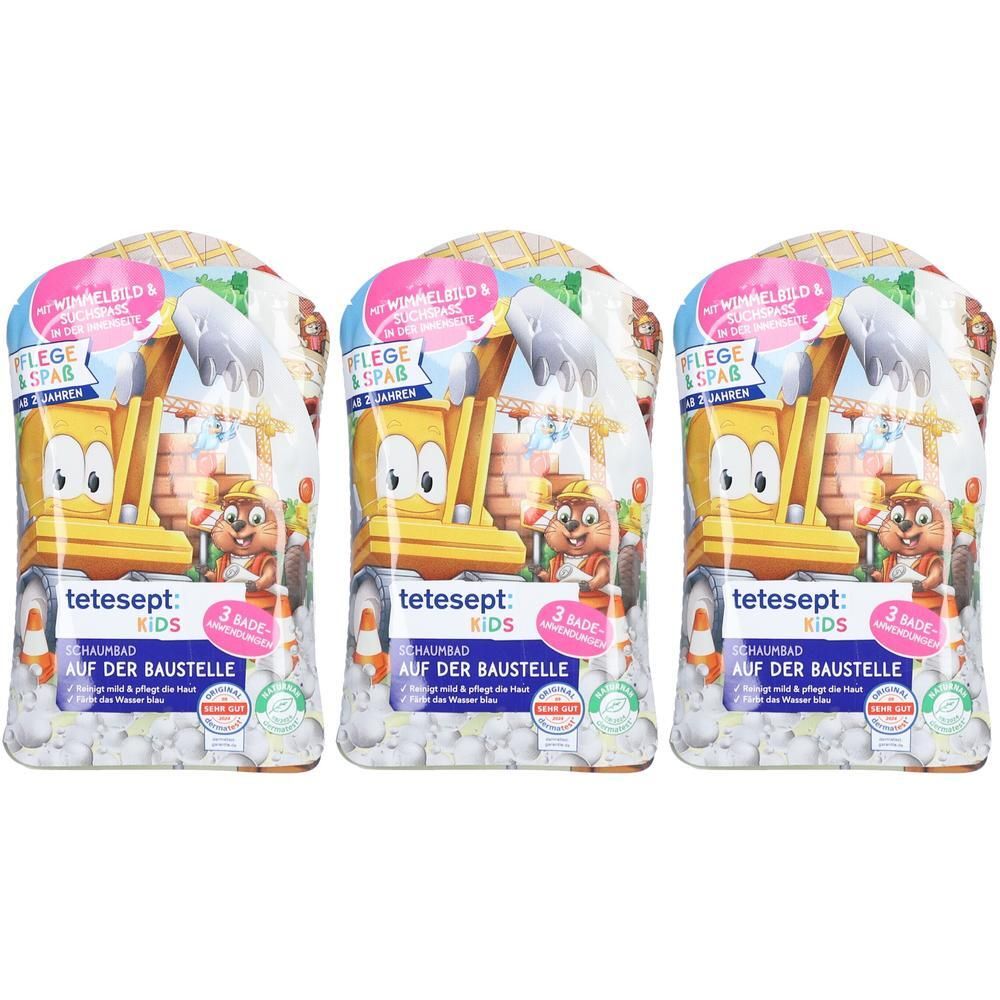 Drei tetesept® Kids Schaumbad Auf der Baustelle Packungen mit Bagger-Motiv. Für Kinder.