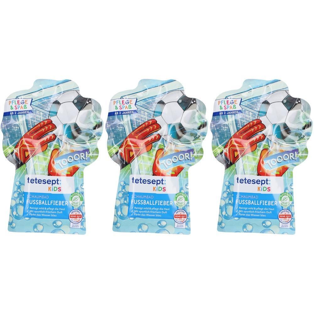 Drei tetesept Kids Schaumbad Fußballfieber Packungen mit Fußballmotiv. Für Kinder ab 2 Jahren.