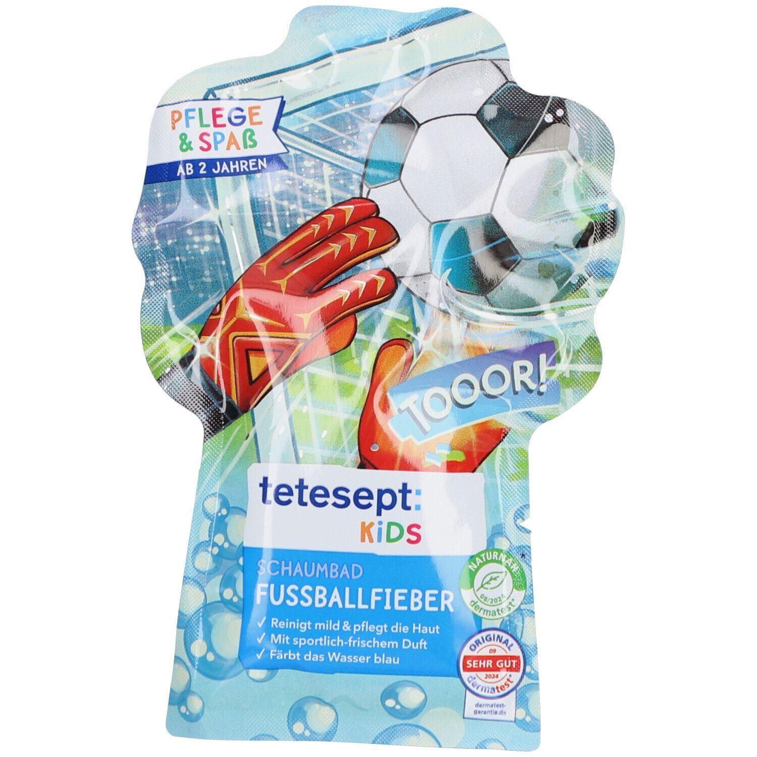 tetesept Kids Schaumbad Fußballfieber mit Fußballmotiv, Torwarthandschuh und Ball. Für Kinder ab 2 Jahren.