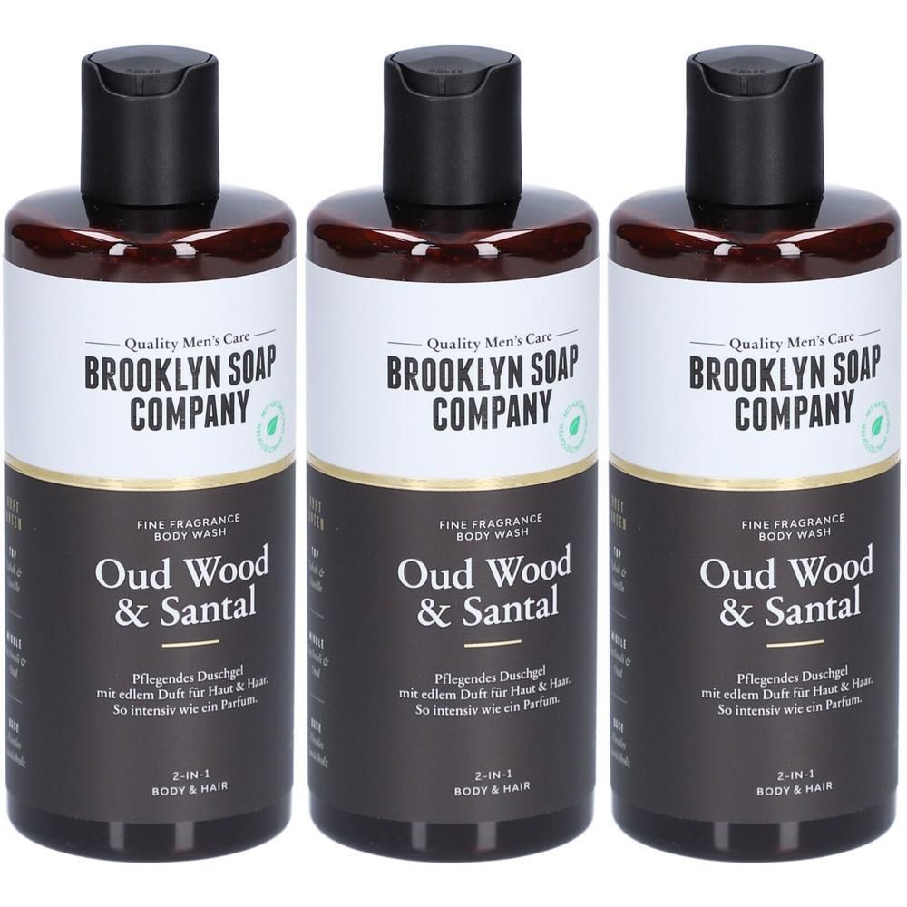 Drei Flaschen Brooklyn Soap Company Duschgel Oud Wood & Santal, 2-in-1 Körper- und Haarwäsche.