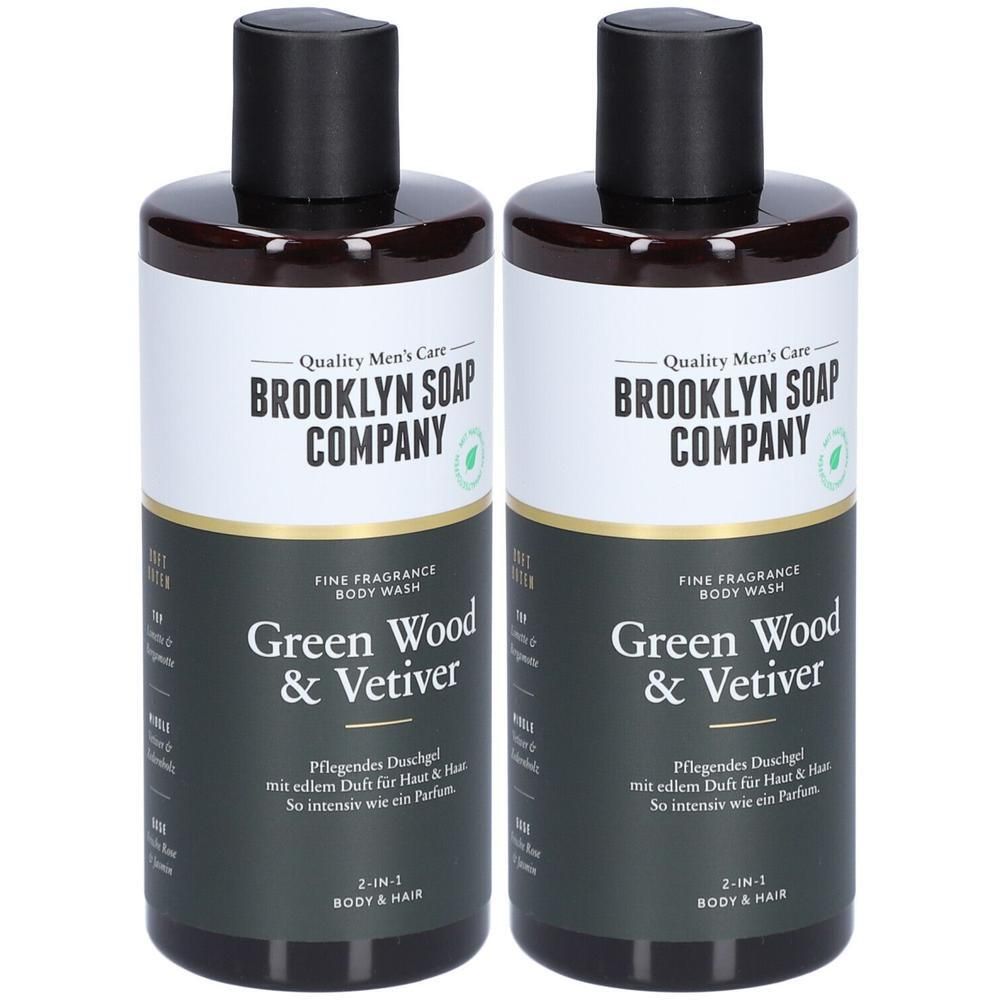 Zwei Flaschen Brooklyn Soap Company Duschgel Green Wood & Vetiver, 2-in-1 Körper & Haar.